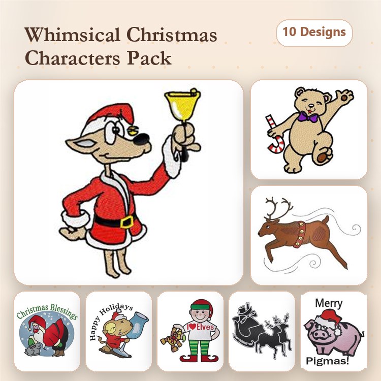 Christmas Characters Embroidery Designs Bundle – Santa Dog, Christmas Reindeer, Teddy Bear with Candy Cane & More (10 Designs)