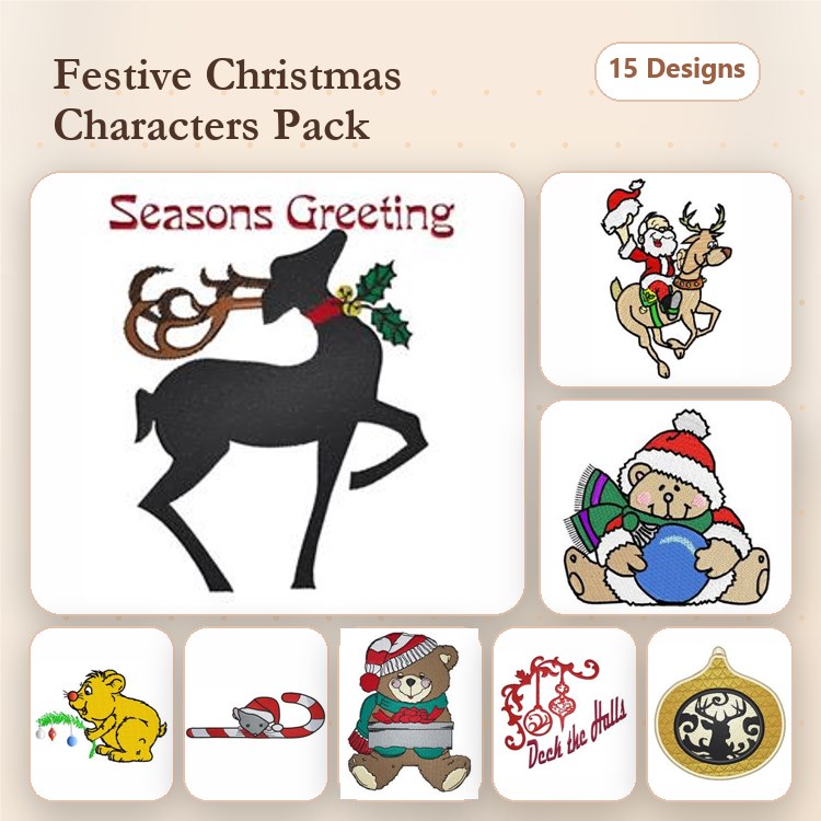 Christmas Character Embroidery Designs Bundle – Reindeer with Holly, Santa on Sleigh, Teddy Bear with Globe & More (15 Designs)
