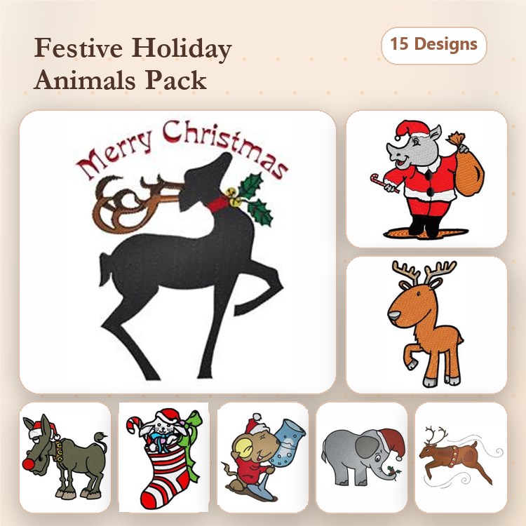 Festive Holiday Animals Embroidery Bundle – Reindeer with Holly, Santa Carrying Sack, Pig with Santa Hat & More (15 Designs)