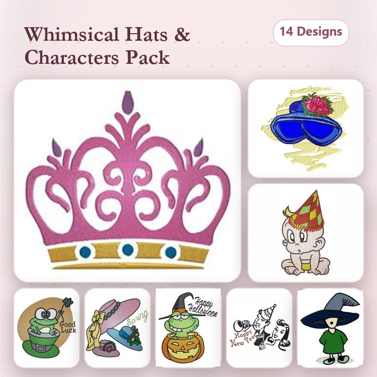 Whimsical Hats & Characters Embroidery Designs Bundle – Crown with Jewels, Witch Hat, Party Hat with Stars & More (14 Designs)