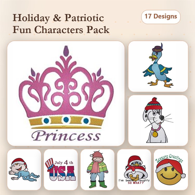 Holiday and Patriotic Characters Embroidery Designs Bundle – Princess Crown, Patriotic Dog, Snowman, Santa Dog & More (17 Designs)