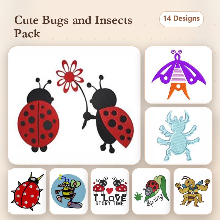 Cute Bugs and Insects Embroidery Designs Bundle – Ladybug Couple, Butterfly, Spider & More (14 Designs)