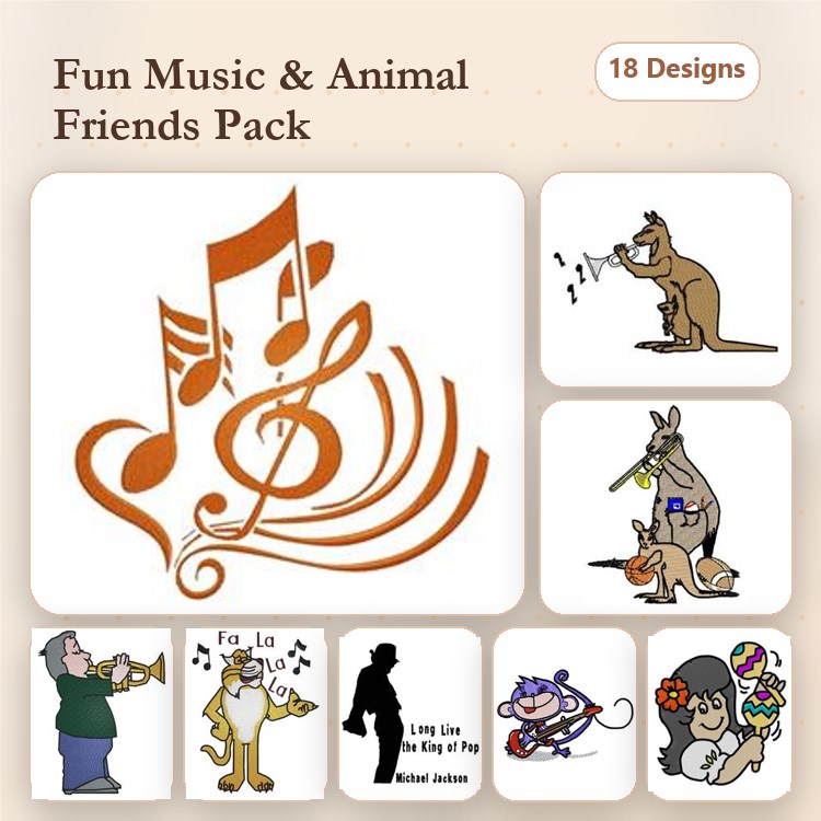 Music and Animal Embroidery Designs Bundle – Kangaroo Playing Violin, Cat Playing Guitar, Dog with Musical Notes & More (18 Designs)