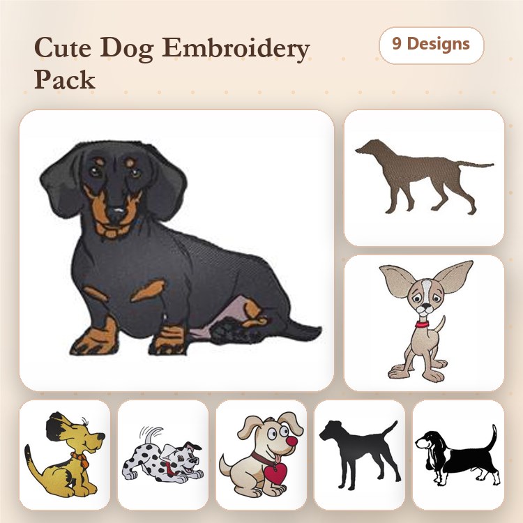 Dachshund & Dalmatian Embroidery Bundle – Cartoon & Silhouette Designs (9 Designs)