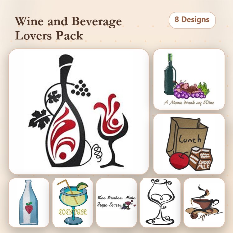 Wine and Beverage Embroidery Designs Bundle – Wine Bottle with Grapes, Wine Glass with Swirls, & More (8 Designs)