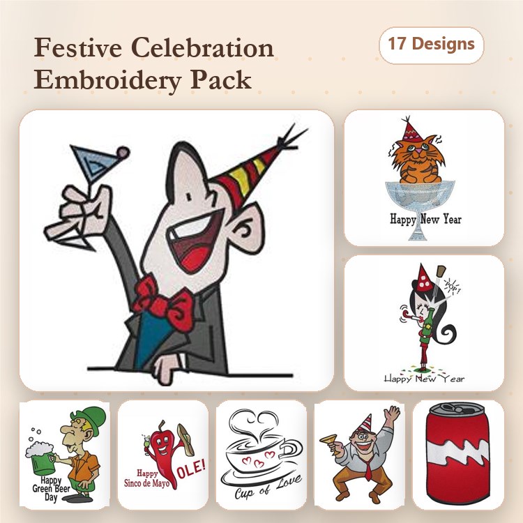 Festive Celebration Embroidery Designs Bundle – Cheers Guy, Happy New Year Cocktails, Party Hat Character & More (17 Designs)