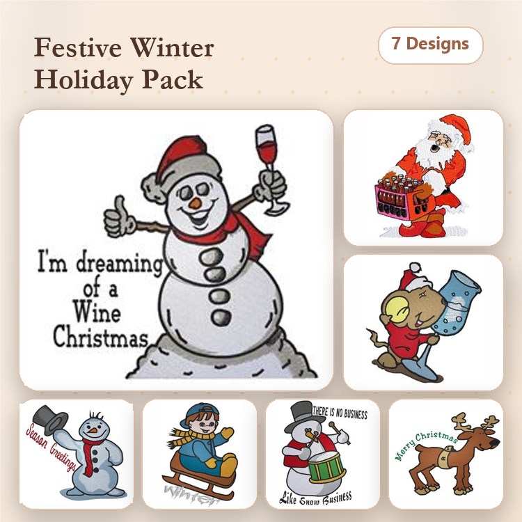 Winter Holiday Characters Embroidery Designs Bundle – Snowman with Wine, Santa with Gifts, Mouse with Stocking & More (7 Designs)