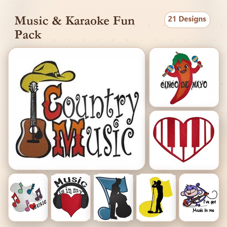 Music & Karaoke Embroidery Designs Bundle – Country Music Guitar, Heart with Music Notes, Cinco de Mayo Chili & More (21 Designs)