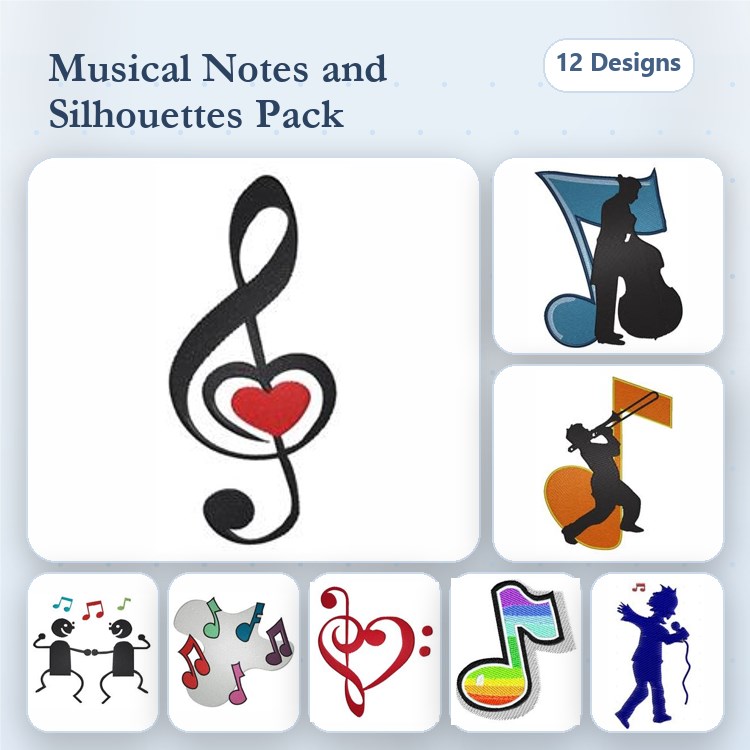 Musical Themes Embroidery Designs Bundle – Treble Clef with Heart, Bass Player Silhouette, Trumpet Player Silhouette & More (12 Designs)