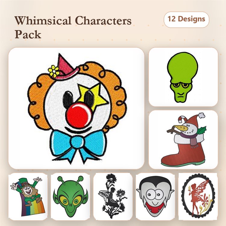 Funny Characters Embroidery Designs Bundle – Clown, Alien, Santa in Boot, Vampire & More (12 Designs)