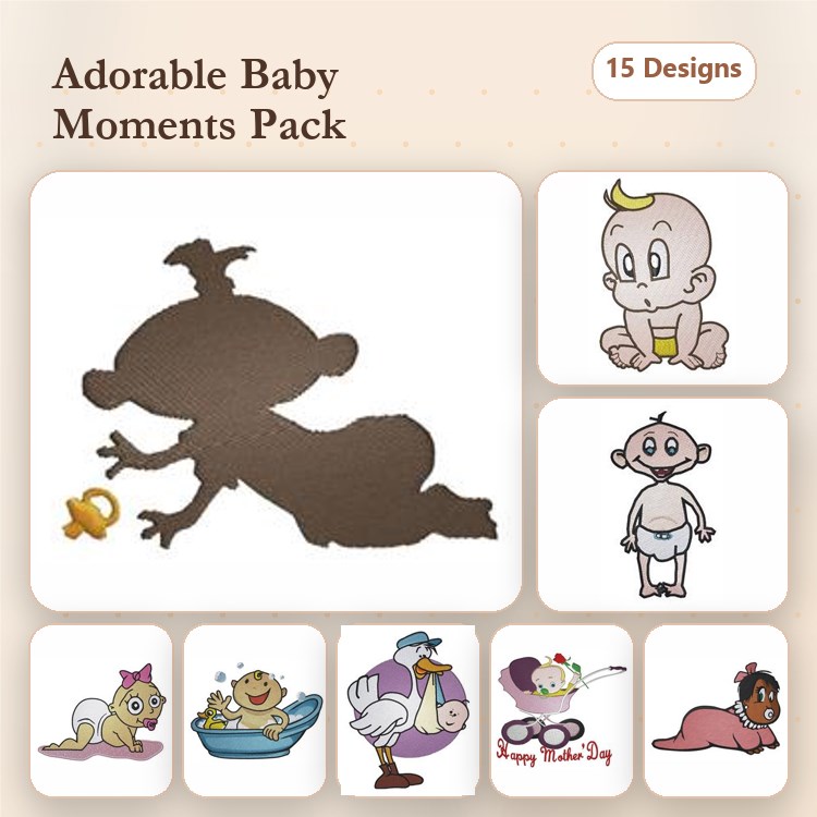 Adorable Baby Moments Embroidery Designs Bundle – Baby with Duck, Chubby Baby, Stork with Baby & More (15 Designs)
