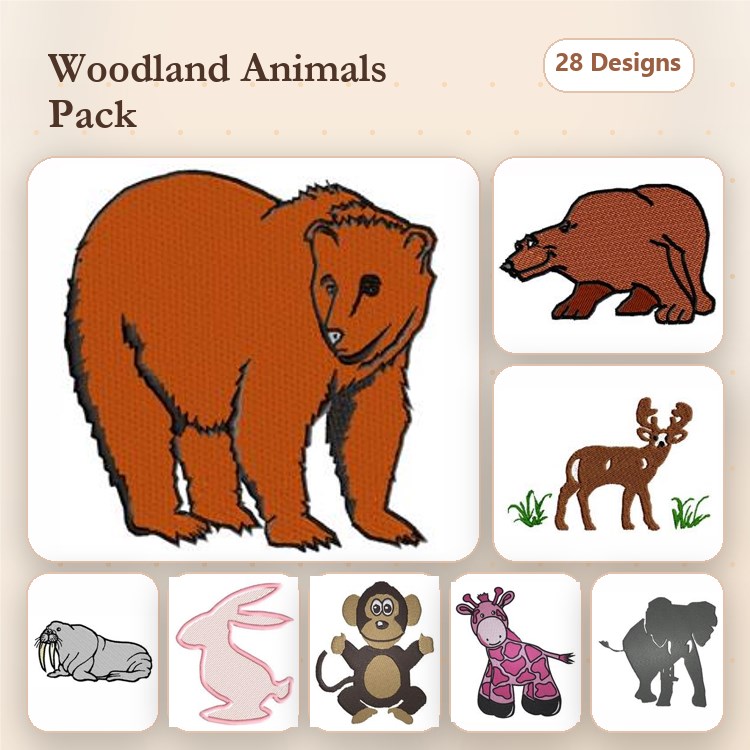Woodland Animals Embroidery Bundle – Brown Bear, Moose, Beaver & More (28 Designs)