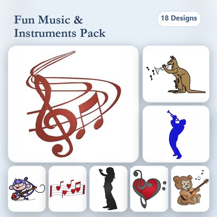 Music and Instruments Embroidery Designs Bundle – Musical Notes, Monkey Playing Trumpet, Saxophonist & More (18 Designs)