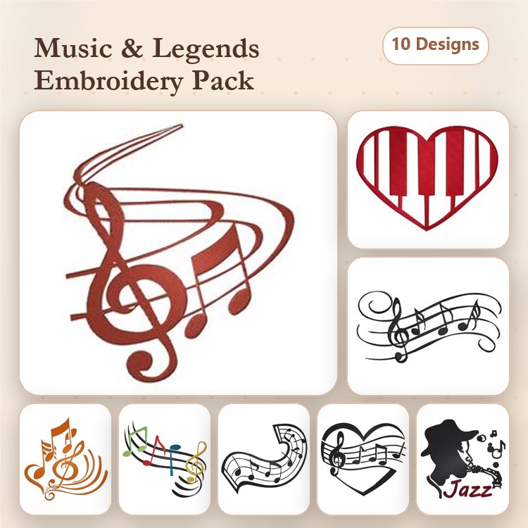 Music & Jazz Embroidery Designs Bundle – Musical Note Swirl, Heart with Piano Keys, Jazz Singer Silhouette & More (10 Designs)