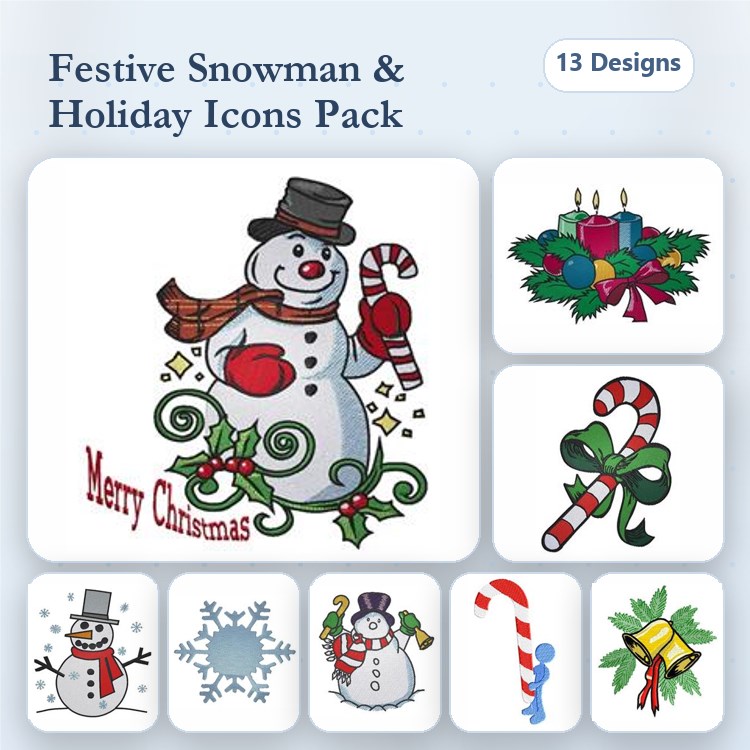 Festive Snowman & Holiday Icons Embroidery Designs Bundle – Snowman with Candy Cane, Christmas Wreath, Candles & More (13 Designs)
