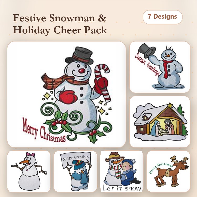 Snowman & Holiday Embroidery Designs Bundle – Snowman with Candy Cane, Santa Snowman, Let It Snow Decoration & More (7 Designs)