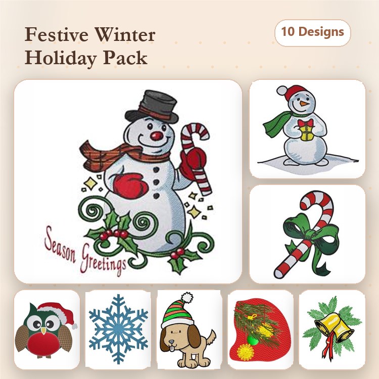Dog with Christmas Hat & Snowman Embroidery Bundle – Holiday Cheer (10 Designs)