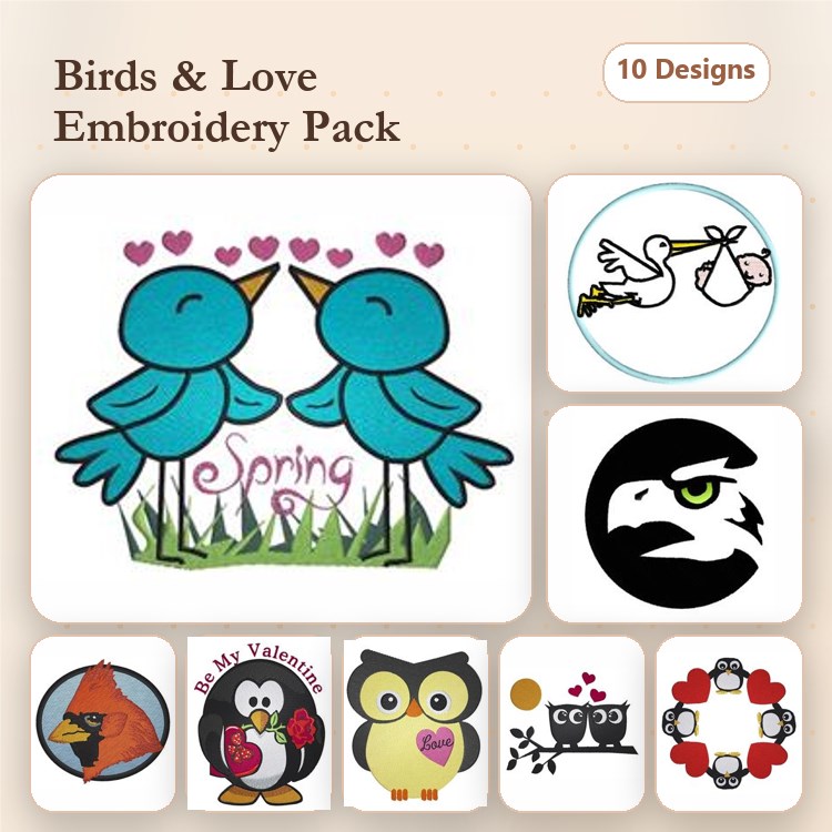 Birds & Love Embroidery Designs Bundle – Love Birds, Owl, Stork & More (10 Designs)