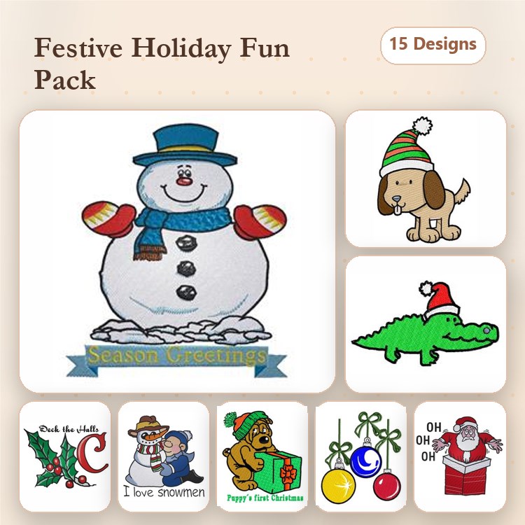 Holiday Characters Embroidery Designs Bundle – Snowman, Dog with Hat, Alligator in Hat & More (15 Designs)