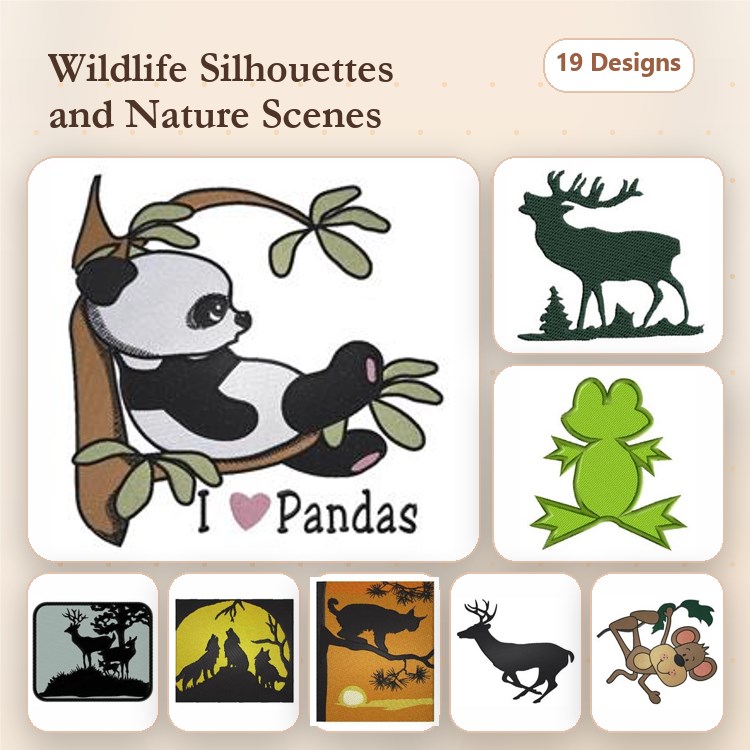 Wildlife Silhouettes and Nature Scenes Embroidery Bundle – Panda, Moose, Frog, Bear & More (19 Designs)