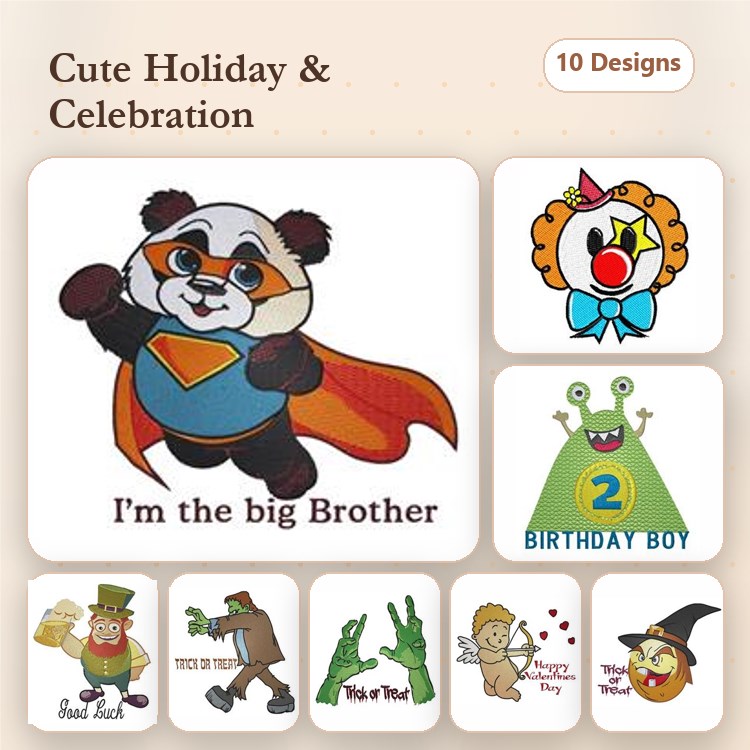 Cute Holiday and Celebration Embroidery Designs Bundle – Superhero Panda, Clown Bear, Birthday Boy & More (10 Designs)