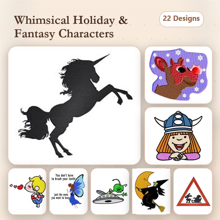 Whimsical Holiday Characters Embroidery Bundle – Unicorn, Reindeer, Viking Character & More (22 Designs)