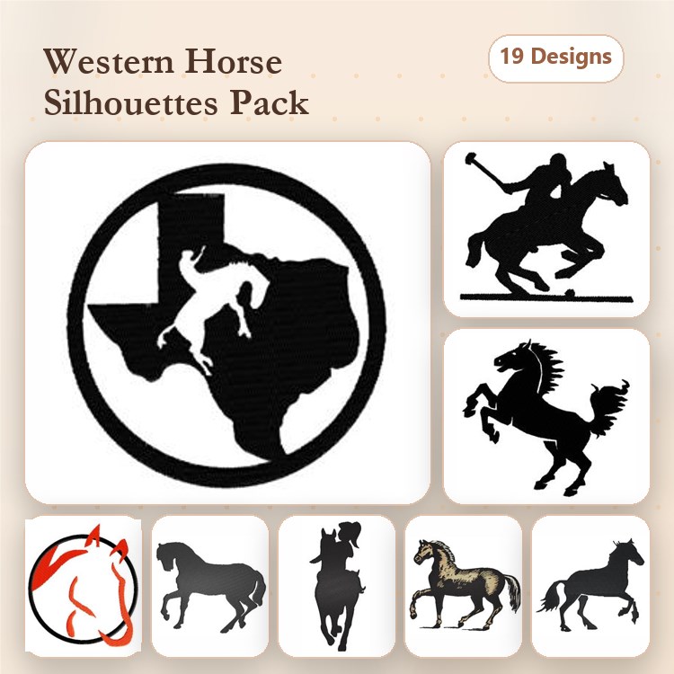 Western Horse Silhouettes Embroidery Designs Bundle – Texas Horse, Rearing Horse, Galloping Horse & More (19 Designs)