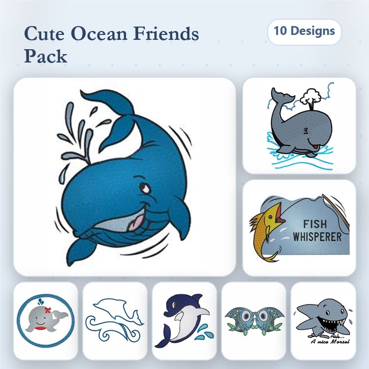 Cute Ocean Creatures Embroidery Bundle – Whale with Water Splash, Happy Whale, Playful Dolphin & More (10 Designs)
