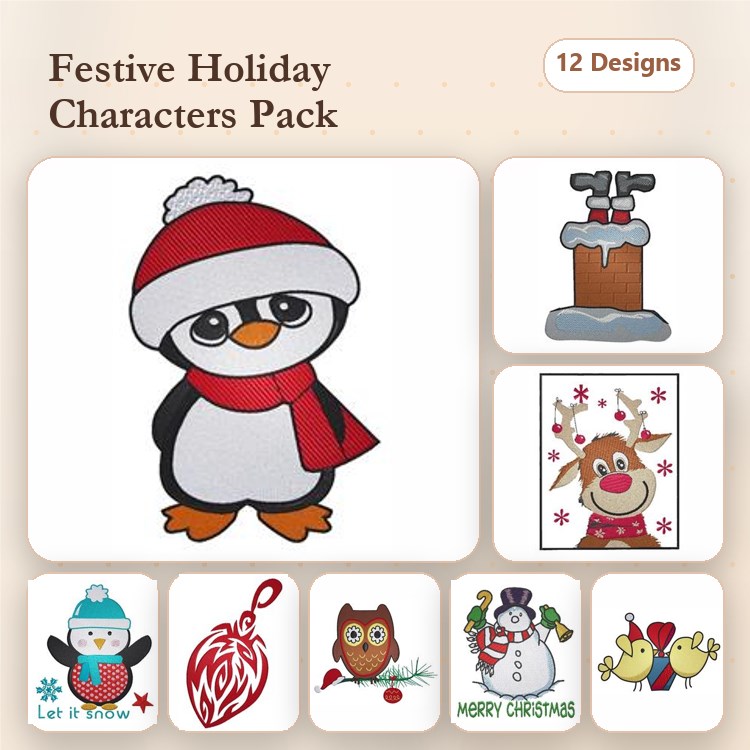 Festive Holiday Characters Embroidery Bundle – Penguin with Scarf, Reindeer with Red Nose, Christmas Owl & More (12 Designs)