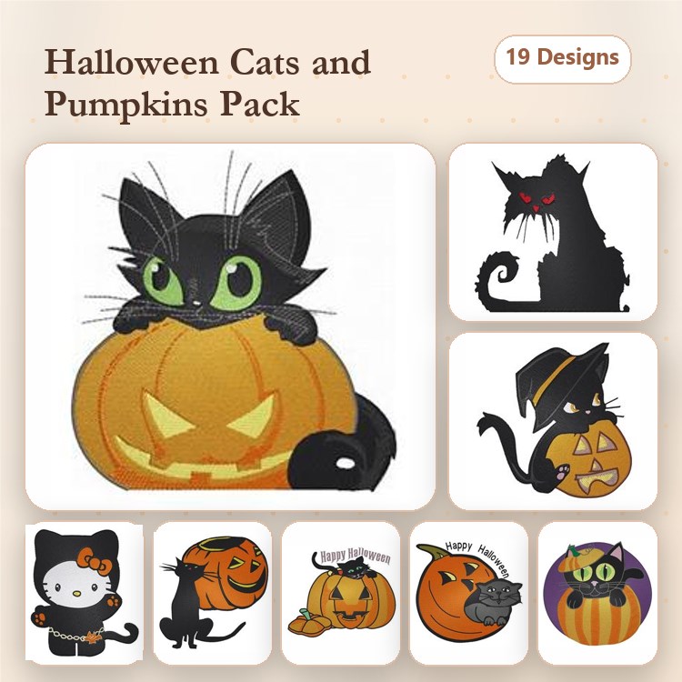 Halloween Cats and Pumpkins Embroidery Designs Bundle – Black Cat, Hello Kitty, Witch Hat Cat & More (19 Designs)