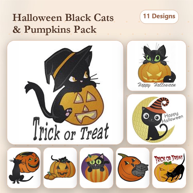 Halloween Black Cats & Pumpkins Embroidery Designs Bundle – Black Cat with Pumpkin, Trick or Treat Black Cat & More (11 Designs)