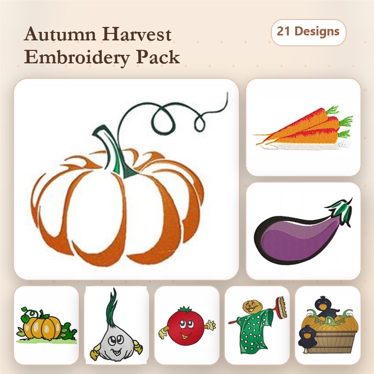 Autumn Harvest Fruits & Vegetables Embroidery Designs Bundle – Pumpkin, Carrot, Eggplant, Scarecrow & More (21 Designs)