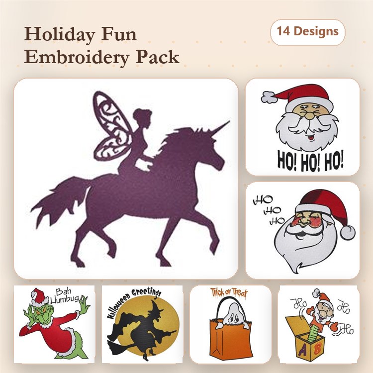 Holiday Fun Embroidery Designs Bundle – Unicorn with Fairy, Santa Face, Grinch & More (14 Designs)
