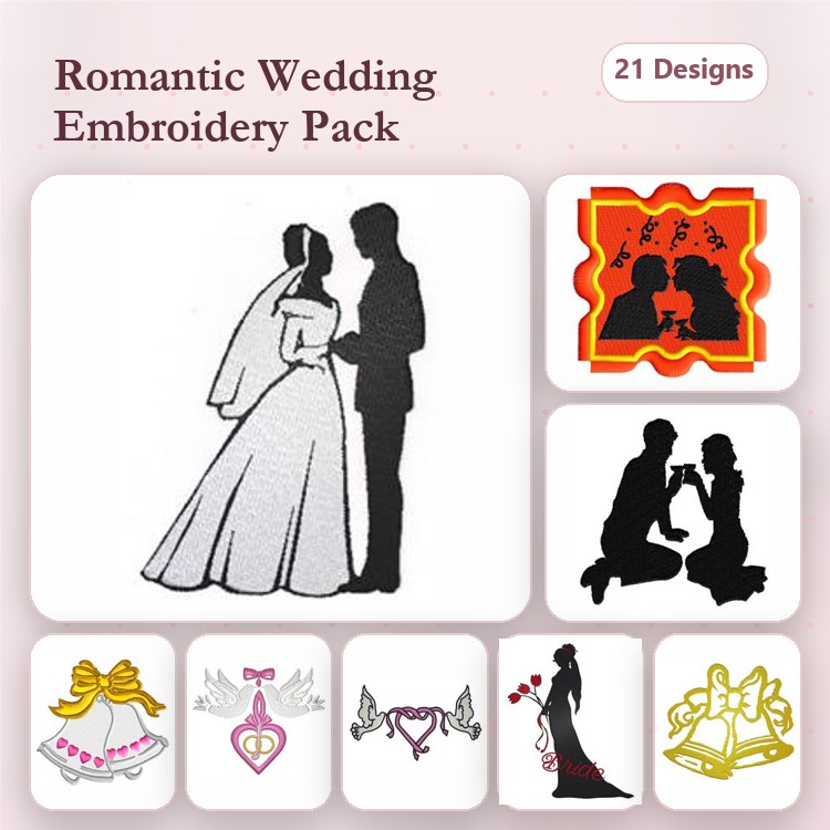 Romantic Wedding Embroidery Designs Bundle – Bride and Groom Silhouette, Kissing Couple, Engagement Ring & More (21 Designs)