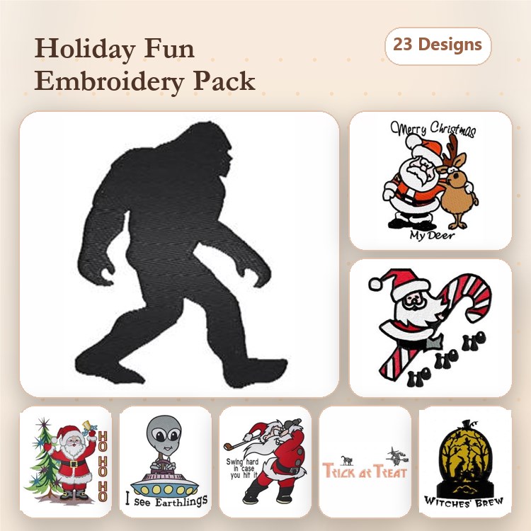 Holiday Fun Embroidery Designs Bundle – Bigfoot Silhouette, Santa with Reindeer, Alien with Santa Hat & More (23 Designs)