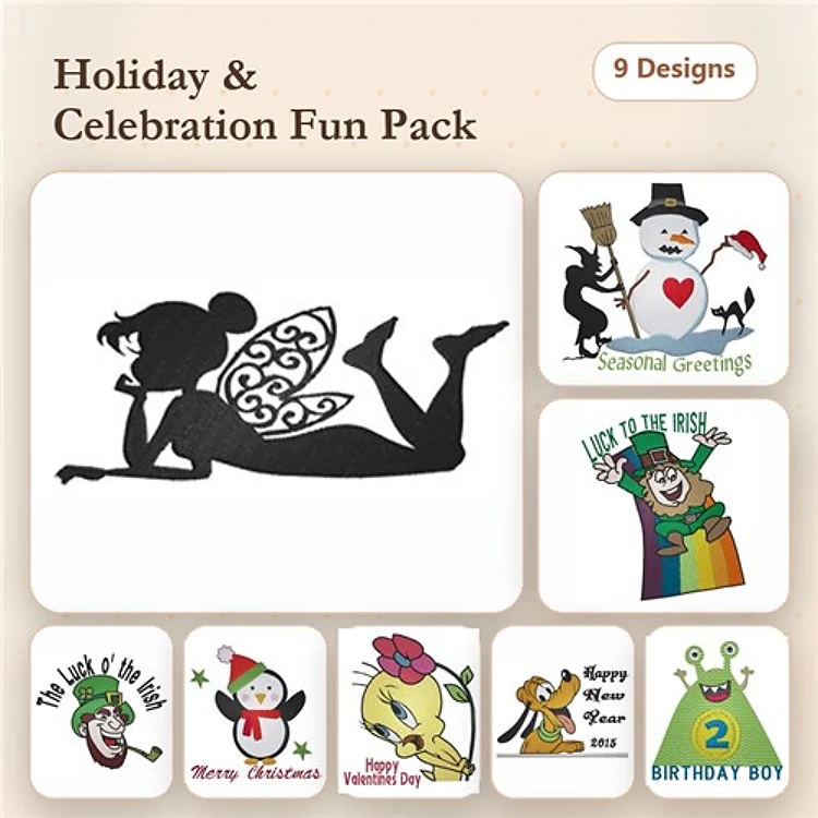 Holiday Celebration Embroidery Designs Bundle – Fairy Silhouette, Snowman, Birthday Boy & More (9 Designs)