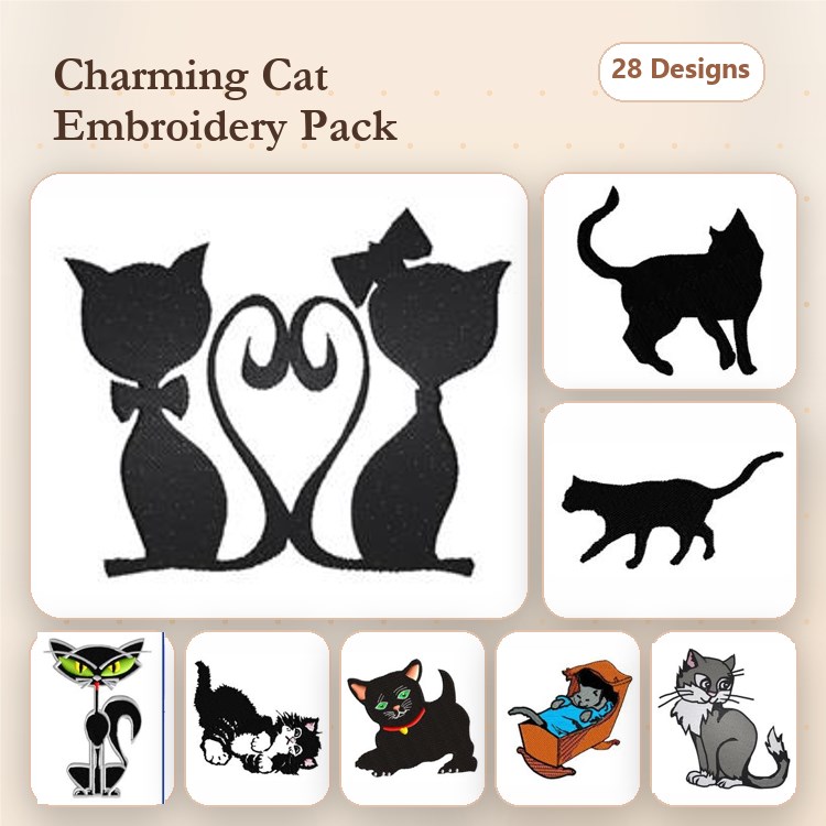 Charming Cat Embroidery Designs Bundle – Two Cats Silhouette, Sassy Cat with Bow, Curious Cat & More (28 Designs)