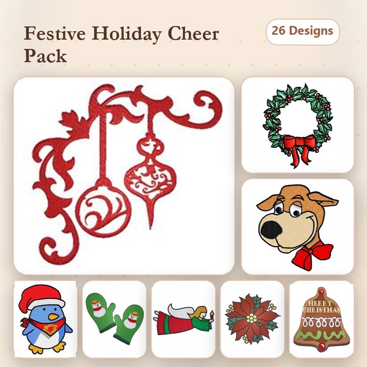 Festive Holiday Embroidery Designs Bundle – Christmas Ornaments, Wreath, Cartoon Dog & More (26 Designs)