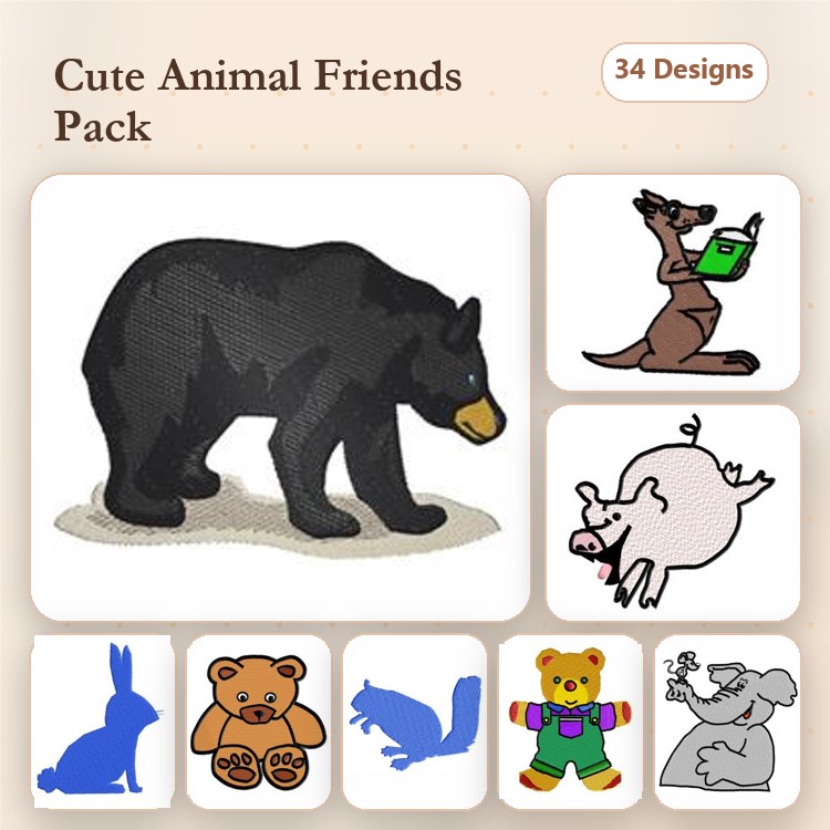 Cute Animal Friends Embroidery Designs Bundle – Bear, Kangaroo, Pig, Rabbit & More (34 Designs)