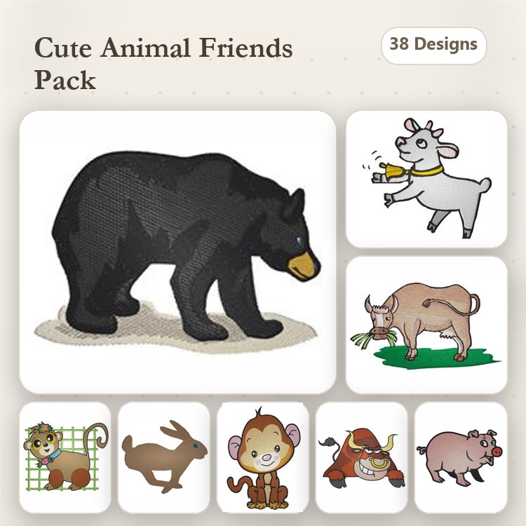 Cute Animal Characters Embroidery Bundle – Black Bear, Monkey, Rabbit & More (38 Designs)