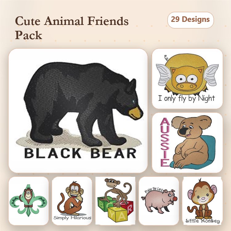 Cute Animal Friends Embroidery Bundle – Black Bear, Owl, Koala, Monkey & More (29 Designs)