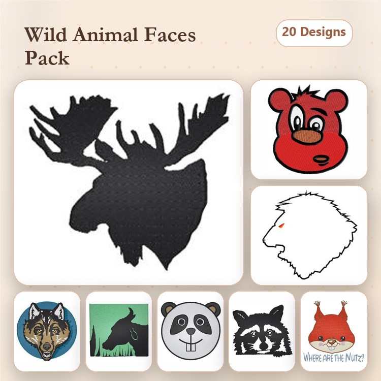 Wild Animal Faces Embroidery Designs Bundle – Moose, Bear, Wolf, Panda & More (20 Designs)