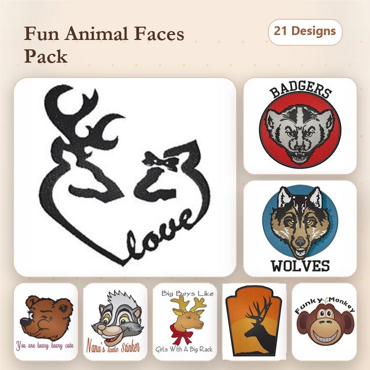 Animal Faces Embroidery Bundle – Bear, Raccoon, Wolf, Badger & More (21 Designs)