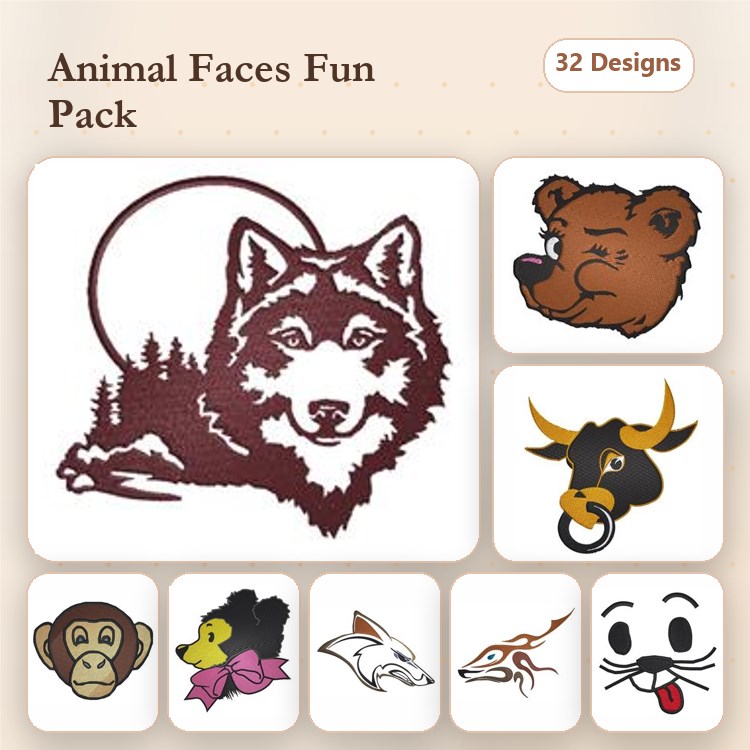 Animal Faces Embroidery Designs Bundle – Wolf, Bear, Bull, Monkey & More (32 Designs)