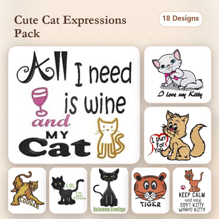 Cute Cat Expressions Embroidery Designs Bundle – All I need is wine and my Cat, I love my Kitty, Cougar Cat & More (18 Designs)
