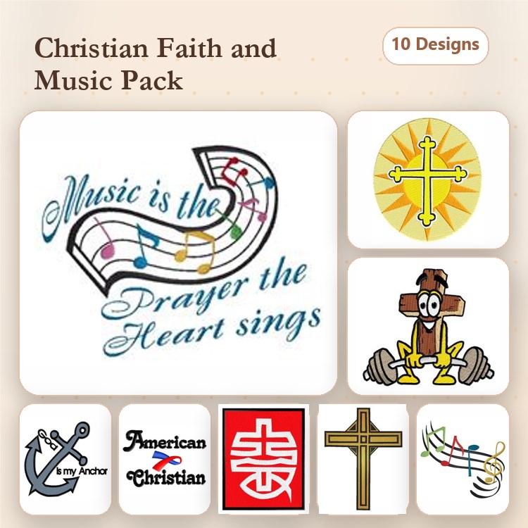 Christian Faith & Music Embroidery Bundle – Cross with Rays, Music with Notes, Weights with Dumbbells & More (10 Designs)