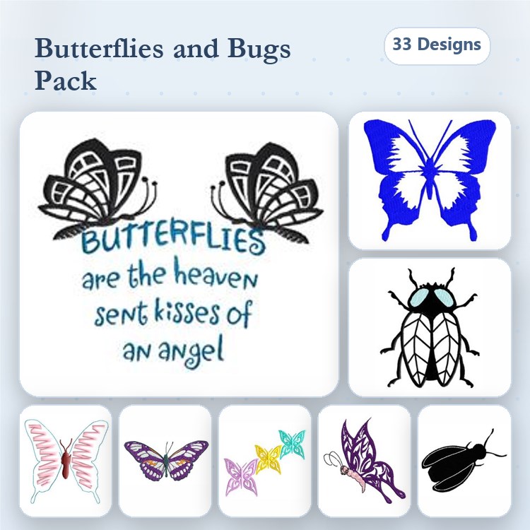 Butterflies & Insects Embroidery Designs Bundle – Decorative Butterfly, Butterfly Quote, Insect Illustration & More (33 Designs)