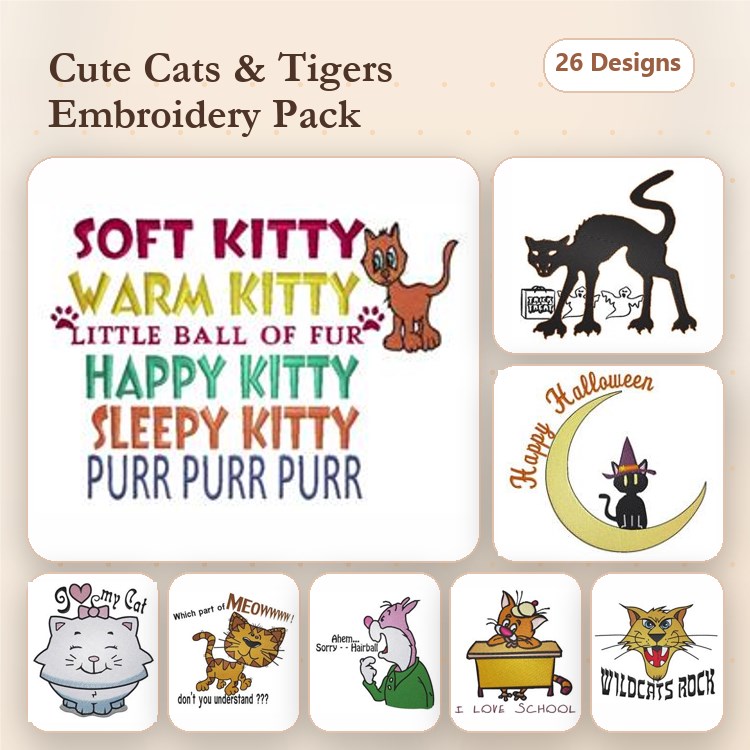 Cat & Tiger Embroidery Bundle – Adorable Kitty Designs (29 Designs)