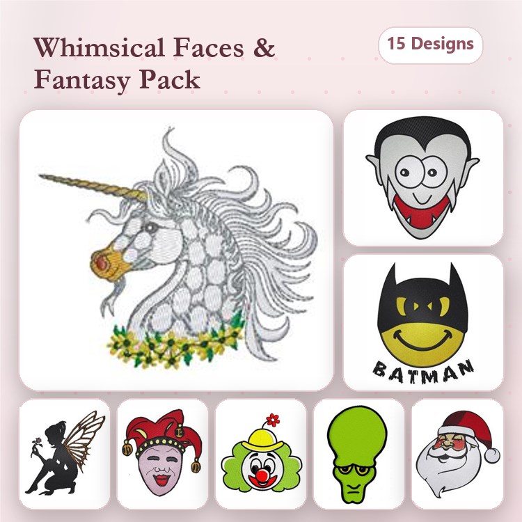 Fantasy Faces Embroidery Designs Bundle – Unicorn, Vampire Face, Batman Face & More (15 Designs)