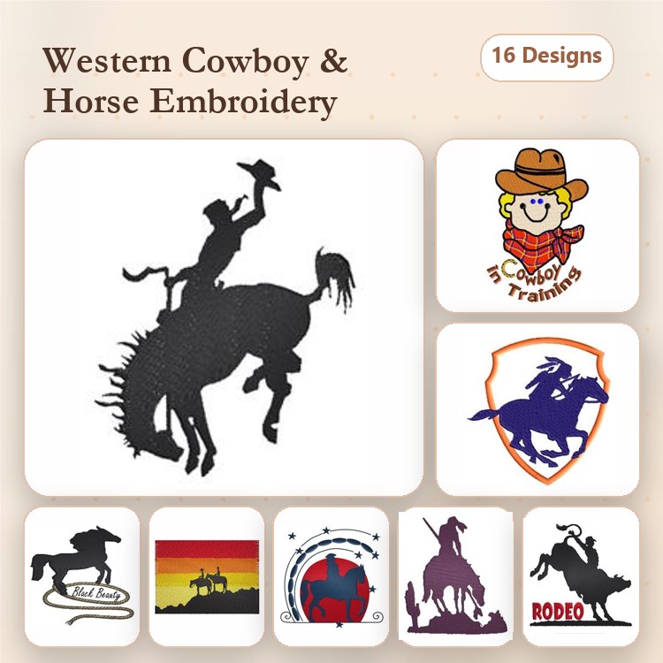 Western Cowboy & Horse Embroidery Designs Bundle – Cowboy Riding Horse, Rodeo Clown, Western Shield & More (16 Designs)